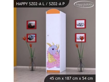 Skříň Happy SZ02 - růžový dráček (Barva bílá, Otevírání dvířek pravé, Vnitřek skříně šatní tyč)