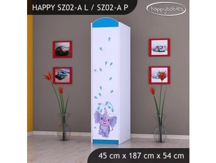 Skříň Happy SZ02 - stříkající sloník (Barva bílá, Otevírání dvířek pravé, Vnitřek skříně šatní tyč)