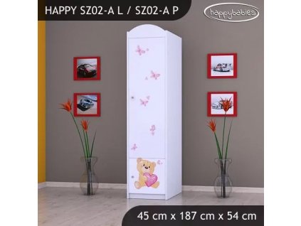 Skříň Happy SZ02 - zamilovaný medvídek (Barva bílá, Otevírání dvířek pravé, Vnitřek skříně šatní tyč)