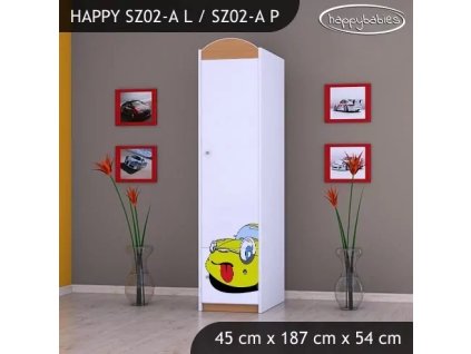 Skříň Happy SZ02 - žluté auto (Barva bílá, Otevírání dvířek pravé, Vnitřek skříně šatní tyč)