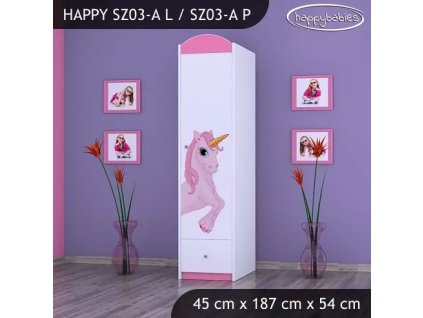 Skříň Happy SZ03 - princezna a jednorožec (Barva bílá, Otevírání dvířek pravé, Vnitřek skříně šatní tyč)