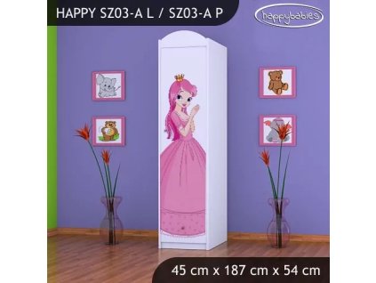 Skříň Happy SZ03 - princezna s koníkem (Barva bílá, Otevírání dvířek pravé, Vnitřek skříně šatní tyč)