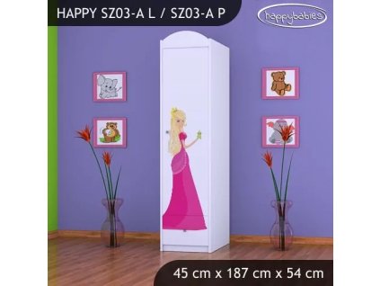Skříň Happy SZ03 - princezna se zámkem (Barva bílá, Otevírání dvířek pravé, Vnitřek skříně šatní tyč)
