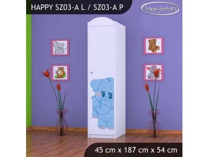 Skříň Happy SZ03 - modrý slon (Barva bílá, Otevírání dvířek pravé, Vnitřek skříně šatní tyč)