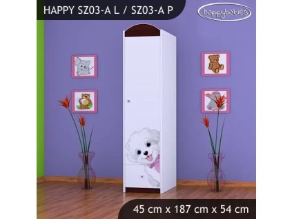 Skříň Happy SZ03 - pejsek s mašlí (Barva bílá, Otevírání dvířek pravé, Vnitřek skříně šatní tyč)