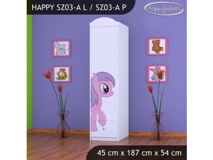 Skříň Happy SZ03 - růžový pony (Barva bílá, Otevírání dvířek pravé, Vnitřek skříně šatní tyč)
