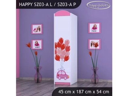 Skříň Happy SZ03 - růžové auto s balonky (Barva bílá, Otevírání dvířek pravé, Vnitřek skříně šatní tyč)