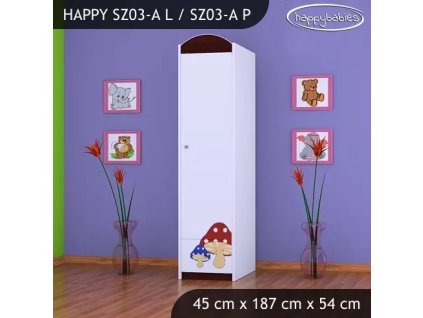 Skříň Happy SZ03 - růžový hříbeček (Barva bílá, Otevírání dvířek pravé, Vnitřek skříně šatní tyč)
