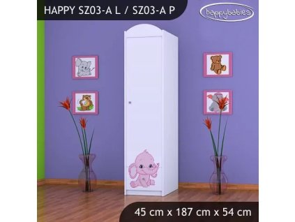 Skříň Happy SZ03 - růžový a modrý slon (Barva bílá, Otevírání dvířek pravé, Vnitřek skříně šatní tyč)