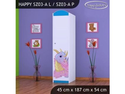 Skříň Happy SZ03 - růžový dráček (Barva bílá, Otevírání dvířek pravé, Vnitřek skříně šatní tyč)