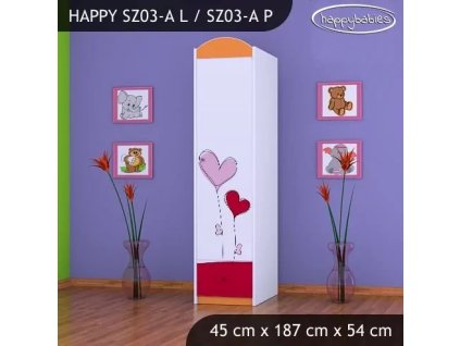 Skříň Happy SZ03 - srdíčka (Barva bílá, Otevírání dvířek pravé, Vnitřek skříně šatní tyč)