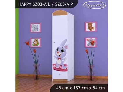 Skříň Happy SZ03 - super zajíček (Barva bílá, Otevírání dvířek pravé, Vnitřek skříně šatní tyč)