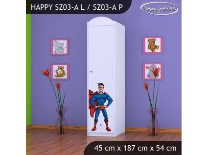 Skříň Happy SZ03 - superman (Barva bílá, Otevírání dvířek pravé, Vnitřek skříně šatní tyč)