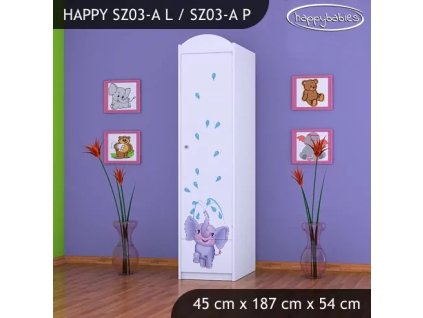 Skříň Happy SZ03 - stříkající sloník (Barva bílá, Otevírání dvířek pravé, Vnitřek skříně šatní tyč)
