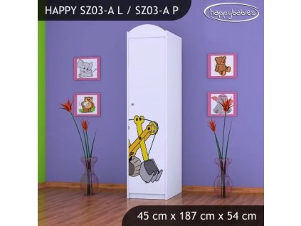 Skříň Happy SZ03 - žlutý bagr (Barva bílá, Otevírání dvířek pravé, Vnitřek skříně šatní tyč)