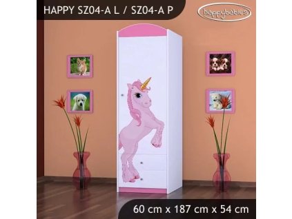 Skříň Happy SZ04 - princezna a jednorožec (Barva bílá, Otevírání dvířek pravé, Vnitřek skříně šatní tyč)