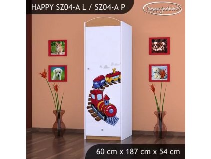Skříň Happy SZ04 - vláček (Barva bílá, Otevírání dvířek pravé, Vnitřek skříně šatní tyč)