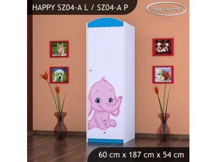 Skříň Happy SZ04 - růžový a modrý slon (Barva bílá, Otevírání dvířek pravé, Vnitřek skříně šatní tyč)