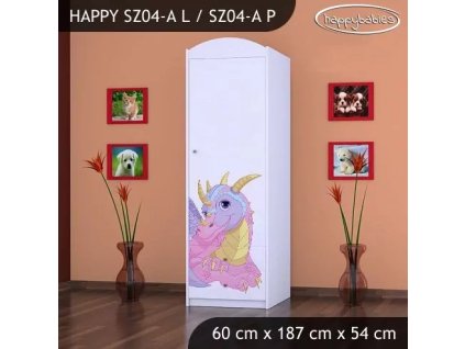 Skříň Happy SZ04 - růžový dráček (Barva bílá, Otevírání dvířek pravé, Vnitřek skříně šatní tyč)