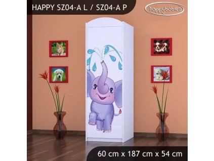 Skříň Happy SZ04 - stříkající sloník (Barva bílá, Otevírání dvířek pravé, Vnitřek skříně šatní tyč)