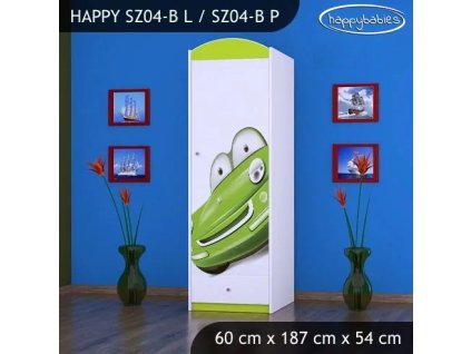 Skříň Happy SZ04 - zelené auto (Barva bílá, Otevírání dvířek pravé, Vnitřek skříně šatní tyč)