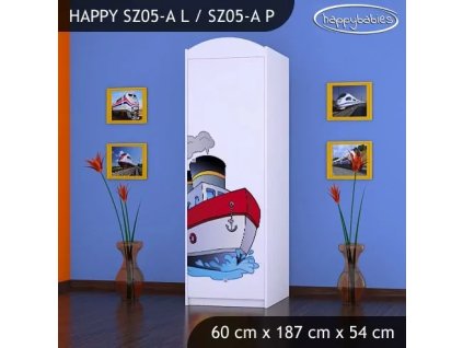Skříň Happy SZ05 - velká loď (Barva bílá, Otevírání dvířek pravé, Vnitřek skříně šatní tyč)