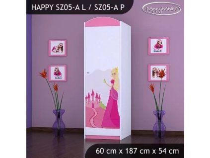 Skříň Happy SZ05 - princezna se zámkem (Barva bílá, Otevírání dvířek pravé, Vnitřek skříně šatní tyč)