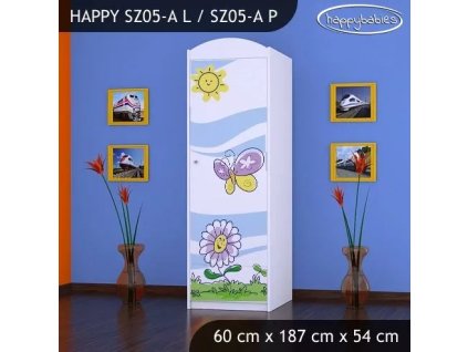 Skříň Happy SZ05 - motýl s květinou (Barva bílá, Otevírání dvířek pravé, Vnitřek skříně šatní tyč)