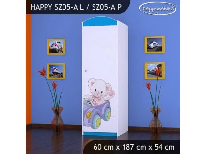 Skříň Happy SZ05 - medvídek v autě (Barva bílá, Otevírání dvířek pravé, Vnitřek skříně šatní tyč)