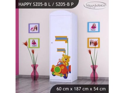 Skříň Happy SZ05 - medvídek v červeném autě (Barva bílá, Otevírání dvířek pravé, Vnitřek skříně šatní tyč)