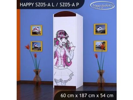 Skříň Happy SZ05 - monster toralei (Barva bílá, Otevírání dvířek pravé, Vnitřek skříně šatní tyč)