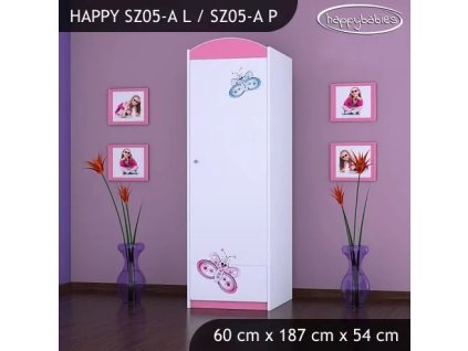 Skříň Happy SZ05 - motýlek (Barva bílá, Otevírání dvířek pravé, Vnitřek skříně šatní tyč)