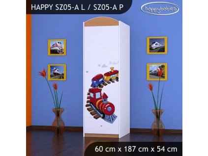 Skříň Happy SZ05 - vláček (Barva bílá, Otevírání dvířek pravé, Vnitřek skříně šatní tyč)