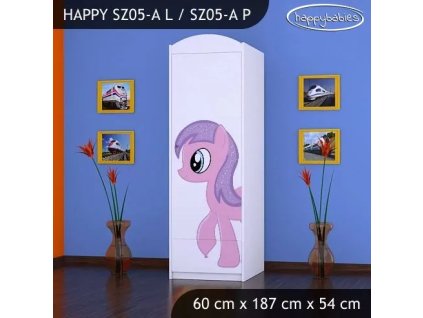 Skříň Happy SZ05 - růžový pony (Barva bílá, Otevírání dvířek pravé, Vnitřek skříně šatní tyč)