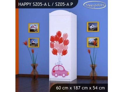 Skříň Happy SZ05 - růžové auto s balonky (Barva bílá, Otevírání dvířek pravé, Vnitřek skříně šatní tyč)