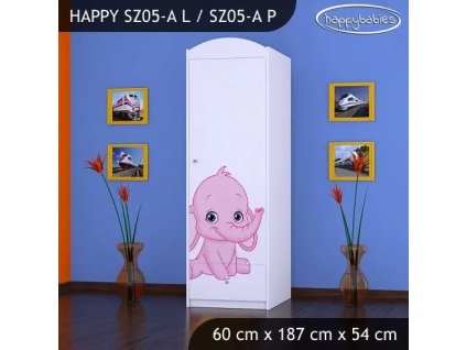 Skříň Happy SZ05 - růžový a modrý slon (Barva bílá, Otevírání dvířek pravé, Vnitřek skříně šatní tyč)