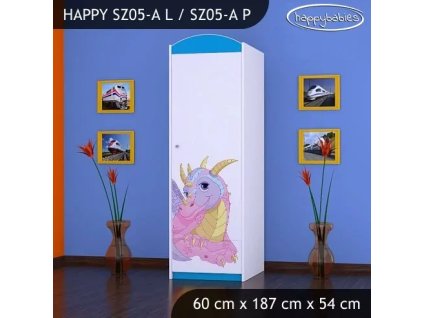 Skříň Happy SZ05 - růžový dráček (Barva bílá, Otevírání dvířek pravé, Vnitřek skříně šatní tyč)