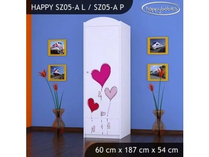 Skříň Happy SZ05 - srdíčka (Barva bílá, Otevírání dvířek pravé, Vnitřek skříně šatní tyč)