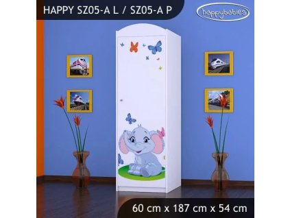 Skříň Happy SZ05 - sloník (Barva bílá, Otevírání dvířek pravé, Vnitřek skříně šatní tyč)