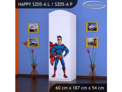 Skříň Happy SZ05 - superman (Barva bílá, Otevírání dvířek pravé, Vnitřek skříně šatní tyč)