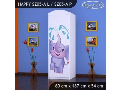 Skříň Happy SZ05 - stříkající sloník (Barva bílá, Otevírání dvířek pravé, Vnitřek skříně šatní tyč)