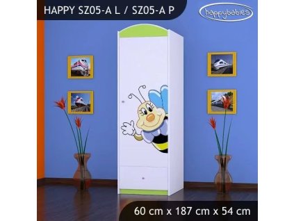 Skříň Happy SZ05 - usměvavá včelka (Barva bílá, Otevírání dvířek pravé, Vnitřek skříně šatní tyč)