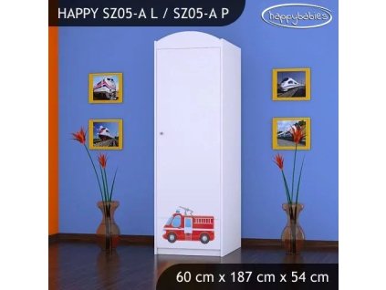 Skříň Happy SZ05 - hasičské auto (Barva bílá, Otevírání dvířek pravé, Vnitřek skříně šatní tyč)