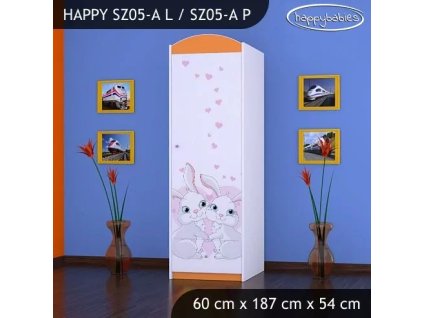 Skříň Happy SZ05 - zamilovaní králíčci (Barva bílá, Otevírání dvířek pravé, Vnitřek skříně šatní tyč)
