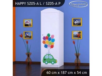 Skříň Happy SZ05 - zelené auto s balonky (Barva bílá, Otevírání dvířek pravé, Vnitřek skříně šatní tyč)