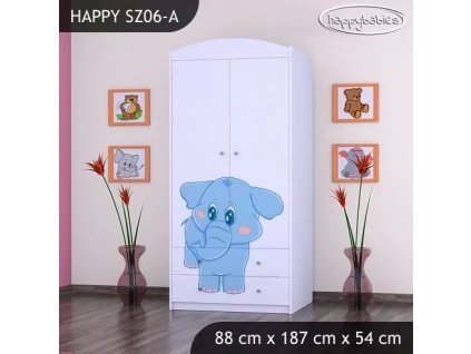 Skříň Happy SZ06 - modrý slon (Barva bílá, Vnitřek skříně šatní tyč)