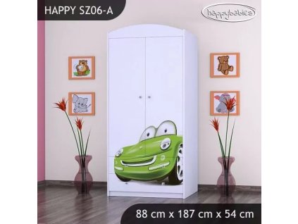 Skříň Happy SZ06 - zelené auto (Barva bílá, Vnitřek skříně šatní tyč)