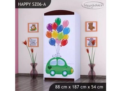 Skříň Happy SZ06 - zelené auto s balonky (Barva bílá, Vnitřek skříně šatní tyč)