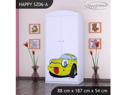 Skříň Happy SZ06 - žluté auto (Barva bílá, Vnitřek skříně šatní tyč)