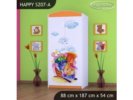 Skříň Happy SZ07 - hrající lokomotiva (Barva bílá, Vnitřek skříně šatní tyč)